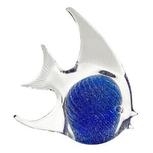 Vintage Patricia Faye Art Glass Fish Paperweight Hand Blown Blue Silver Signed